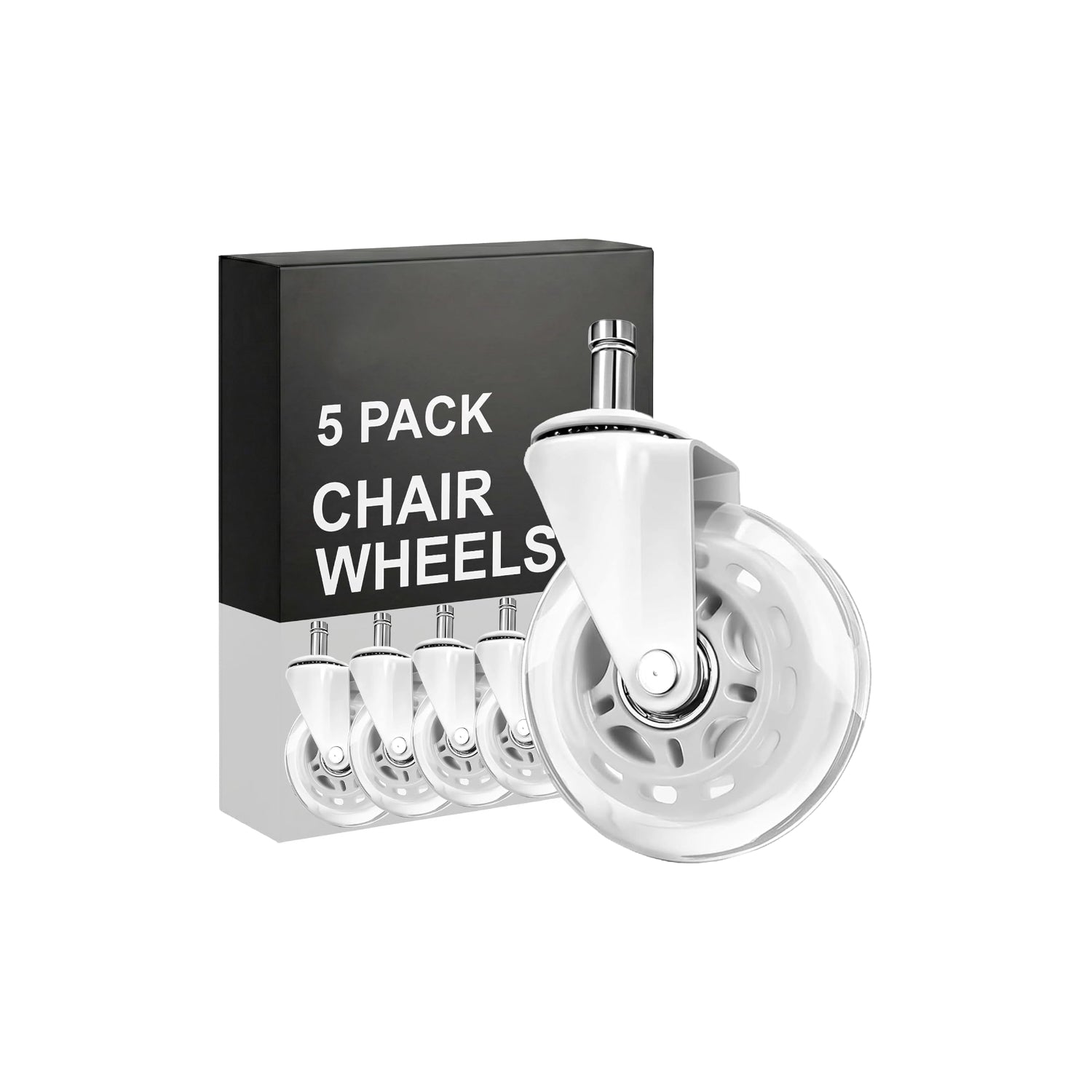 PM | Office Chair Wheels - Set of 5 Rollerblade-Style Casters, Smooth & Quiet Rolling, Protects Hardwood Floors & Carpets, Universal Fit, Durable and Long-Lasting - White